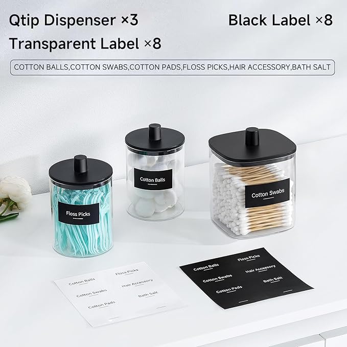 3 Pack Glass Qtip Holder Dispenser- 10 oz Clear Canister Apothecary Jar, Bathroom Vanity Storage Organizer Set for Cotton Swabs, Pads, Floss Picks, Small Containers for Makeup Storage (Black)