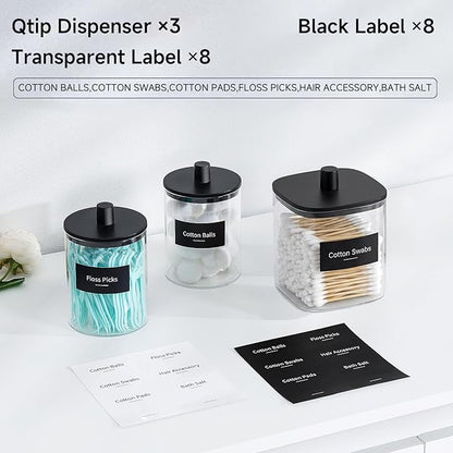 3 Pack Glass Qtip Holder Dispenser- 10 oz Clear Canister Apothecary Jar, Bathroom Vanity Storage Organizer Set for Cotton Swabs, Pads, Floss Picks, Small Containers for Makeup Storage (Black)