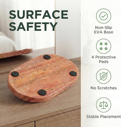 YKAJO Oval Real Marble Tray for Bathroom Kitchen Counter Stone Decorative Vanity Tray for Dresser Perfume Heavy Catchall Organizer for Soap Jewelry (Rosso Levanto Red, 11.8" x 5.9")