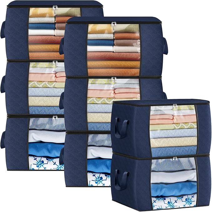 Fab totes 24 Gallons Clothes Storage, Foldable Thick Fabric Blanket Storage Bags,Containers for Organizing Bedroom, Closet, Clothing, Comforter,Organization with Handle (8 Pack,Blue)