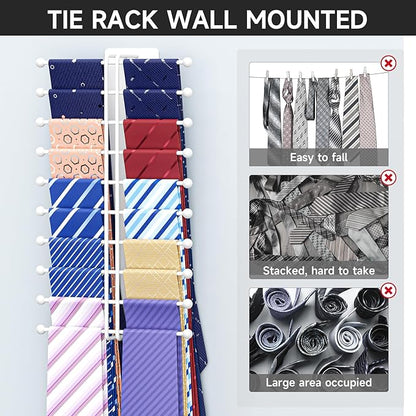 Tie Rack Wall Mounted, Tie Organizer for Men, Tie Rack Hanger for Closet Metal, Adhesive Tie Holder Organizer with 20 Hooks, Tie Storage for Wall Bedroom Living Room Dresser Room (White)