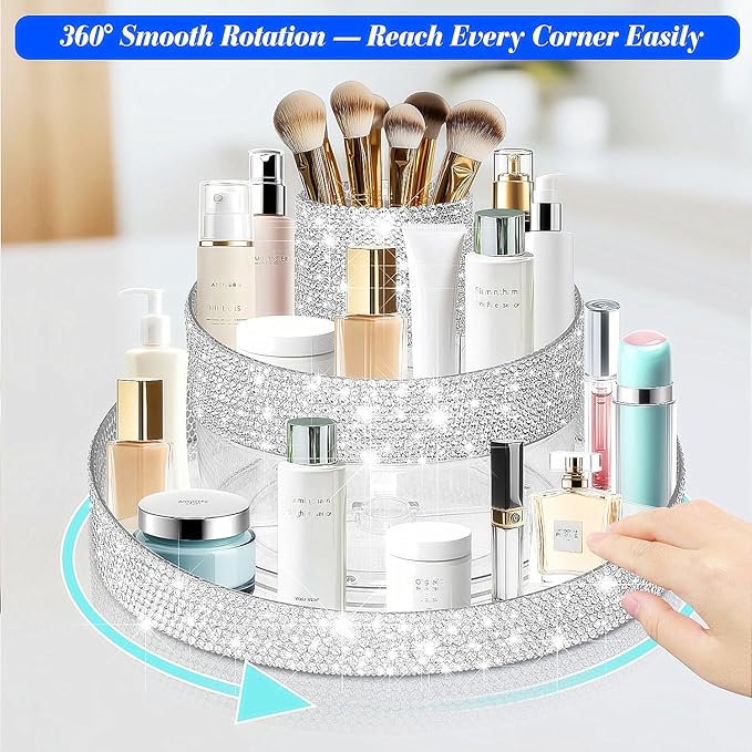 Bling 360 Rotating Makeup Organizer,Shiny Lazy Susan Cosmetic Storage Turntable for Skincare,Perfume & Lipstick,Glitter Round Spinning Tray with Brush Holder for Vanity,Bathroom (10"L x 10"W)