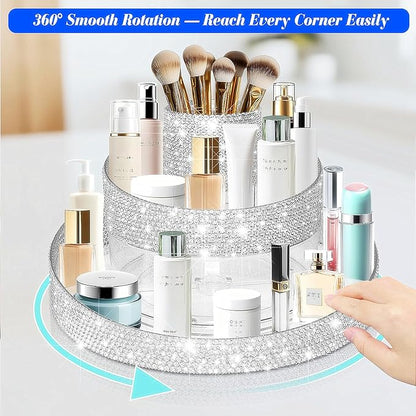 Bling 360 Rotating Makeup Organizer,Shiny Lazy Susan Cosmetic Storage Turntable for Skincare,Perfume & Lipstick,Glitter Round Spinning Tray with Brush Holder for Vanity,Bathroom (10"L x 10"W)