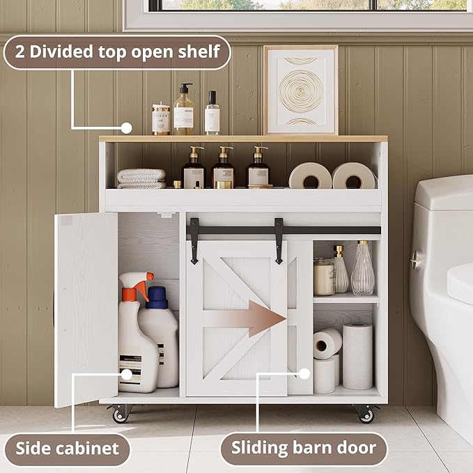 IRONCK Toilet Paper Cabinet, Slim Bathroom Cabinet with 4 Rolling Wheels, Farmhouse Slim Storage Cart with Paper Holes, Sliding Doors and Adjustable Shelf for Small Space, White/Natural
