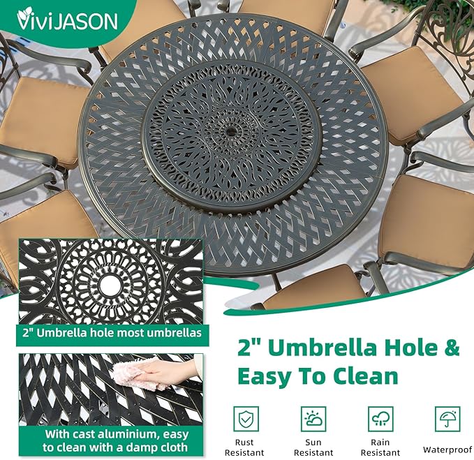 VIVIJASON 35.4" Cast Aluminum Lazy Susan Turntable, 360° Large Rotating Display Tray with Silent Bearings, Round Table Top Swivel Serving Plate with 2" Umbrella Hole for Outdoor Dining Table