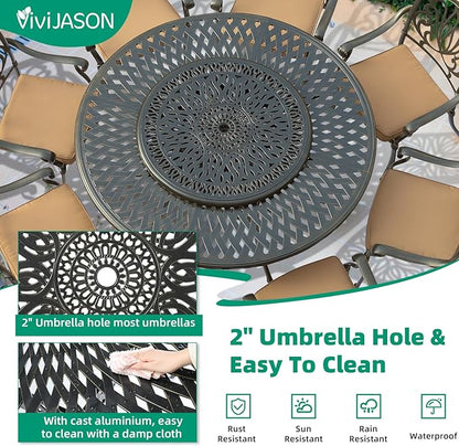 VIVIJASON 35.4" Cast Aluminum Lazy Susan Turntable, 360° Large Rotating Display Tray with Silent Bearings, Round Table Top Swivel Serving Plate with 2" Umbrella Hole for Outdoor Dining Table