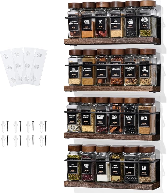 4-Tier Wall Mount Spice Rack Organizer- Screw/Adhesive Mount, Black Metal & Wood Spice Storage for Kitchen Pantry Cabinet, 11.6”W x 2.4”D x 3.2”H, Spice Jars Not Included