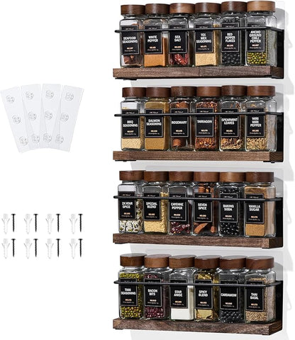 4-Tier Wall Mount Spice Rack Organizer- Screw/Adhesive Mount, Black Metal & Wood Spice Storage for Kitchen Pantry Cabinet, 11.6”W x 2.4”D x 3.2”H, Spice Jars Not Included