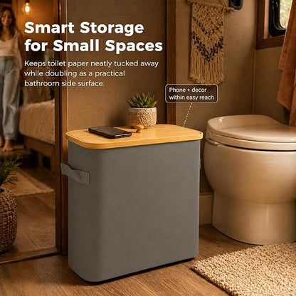 Premium Waterproof Toilet Paper Storage Box with Bamboo Lid - Fits 9 Mega Rolls, 900D Heavy-Duty Fabric Bathroom Organizer Bin with Elevated Base & Handles for Narrow Spaces (17.3"x 6.9"x 15.5")