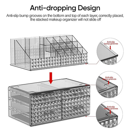 Awenia 2 Pack Stackable Makeup Organizer with Drawers[Upgraded]-Acrylic Make up Organizers and Storage Case for Cosmetics,Brush,Perfume,Jewelry Display, Vanity and Bathroom Accessories