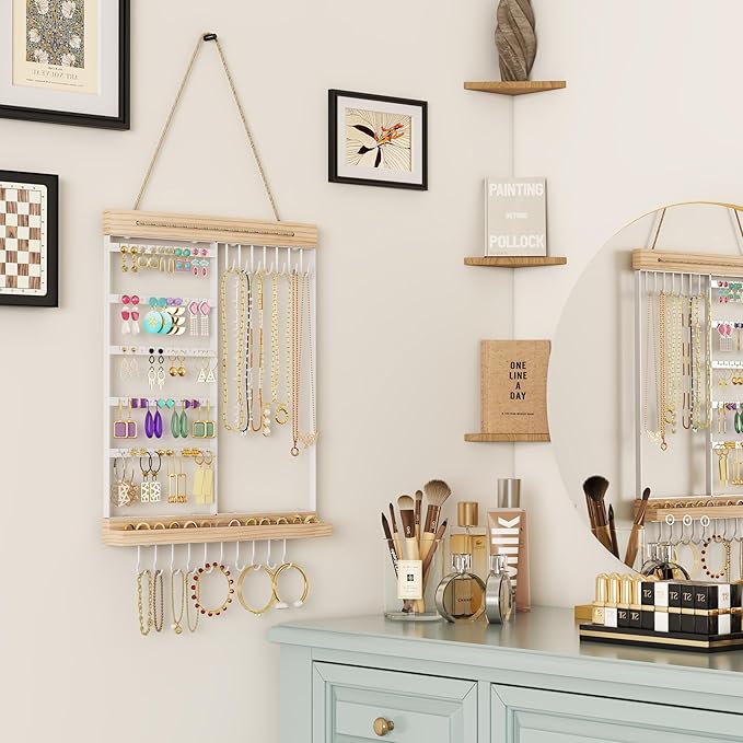 Feyejade Hanging Jewelry Organizer and Storage, 5-Tier White Earring Necklace Holder Jewelry Display Organizer Stand Rack, Wall Mounted for Earrings Necklaces Bracelets and Rings, White