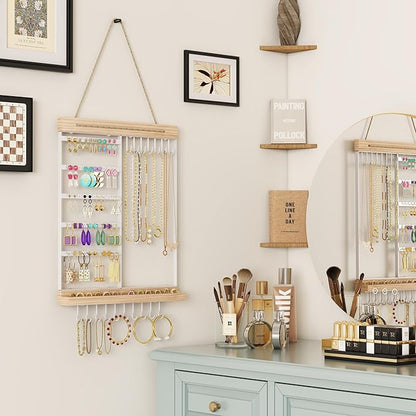 Feyejade Hanging Jewelry Organizer and Storage, 5-Tier White Earring Necklace Holder Jewelry Display Organizer Stand Rack, Wall Mounted for Earrings Necklaces Bracelets and Rings, White