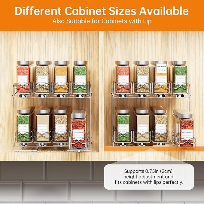 Pull Out Spice Rack Organizer for Cabinet, 2 Tier Individual Slide Drawer, Chrome Cabinet Spice Organizer, Fits 4oz Spice Jars(Max Diameter 2.0in), Height Adjustable Spice Rack,2 Installation Methods