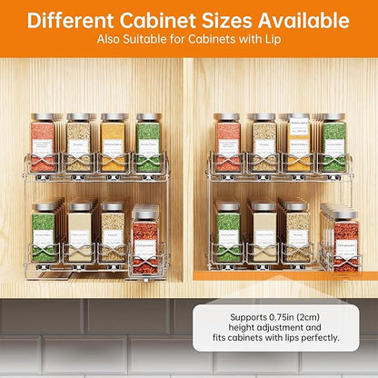 Pull Out Spice Rack Organizer for Cabinet, 2 Tier Individual Slide Drawer, Chrome Cabinet Spice Organizer, Fits 4oz Spice Jars(Max Diameter 2.0in), Height Adjustable Spice Rack,2 Installation Methods
