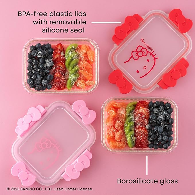 JoyJolt Sanrio Hello Kitty Fluted Glass Food Storage Containers with Lids, 2x Airtight Glass Storage Containers with Lids for Kitchen, Reusable Lunch Meal Prep Container, Cute Hello Kitty Gifts