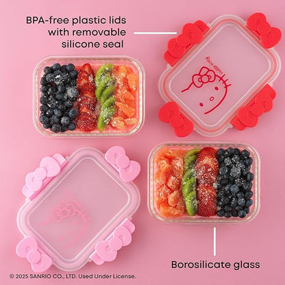 JoyJolt Sanrio Hello Kitty Fluted Glass Food Storage Containers with Lids, 2x Airtight Glass Storage Containers with Lids for Kitchen, Reusable Lunch Meal Prep Container, Cute Hello Kitty Gifts