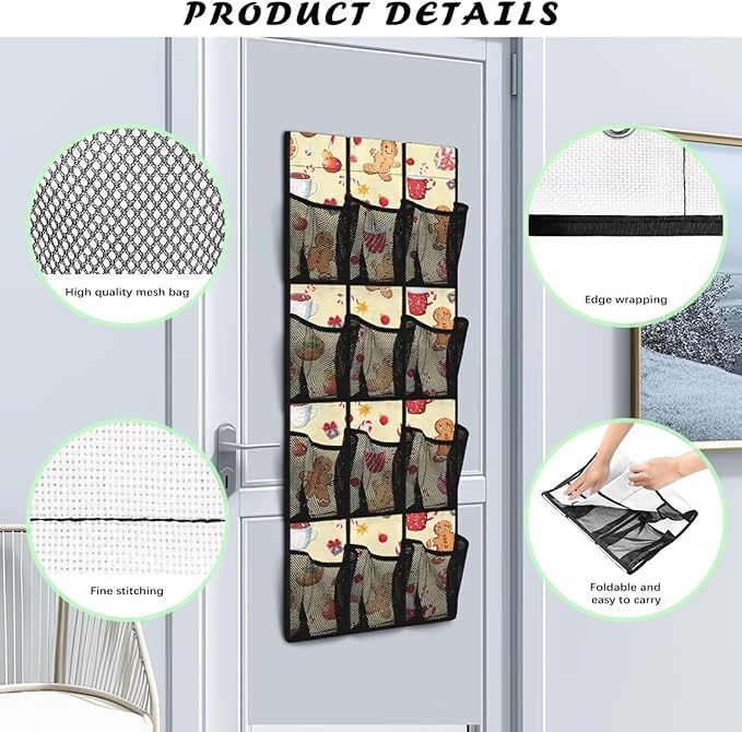 The Gingerbread Cookie Shoe Organizer Over The Door for Merry Christmas Door Hanging Shoe Organizer for Living Room,Easy to Install and Space Saving Wall Hanging Storage, 4 Metal Hook