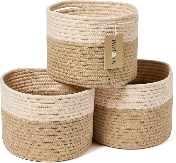MiniArk Small Basket for Organizing | Cube Shelf Closet Storage Baskets | 9.7×9.7×7.1” | Woven Rope Gift Basket | Nursery | Round 3 Packs Tan