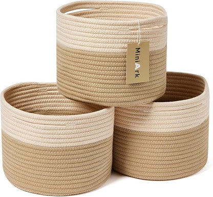 MiniArk Small Basket for Organizing | Cube Shelf Closet Storage Baskets | 9.7×9.7×7.1” | Woven Rope Gift Basket | Nursery | Round 3 Packs Tan