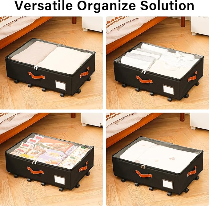 Freebat Under Bed Storage Organizer with Wheels, Underbed Container with Clear Lid Cover, Storage Bag Box with Visiable Window for Clothes, Bedsheet, Pillow, 2 Pack，7.5 inches