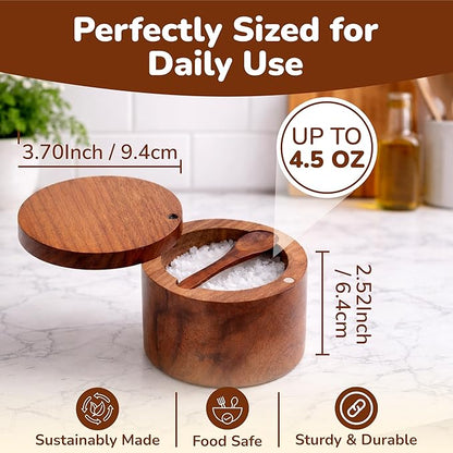 Wooden Salt Cellar with Magnetic Swivel Lid & Built-in Spoon, Salt Box for Kitchen Countertop, Premium Rosewood Salt Keeper for Sea Salt, Pepper & Spices (4.5 oz)
