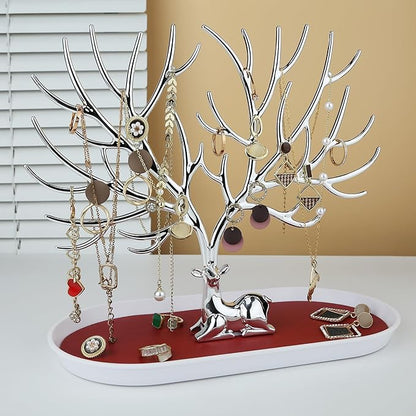 MORE&LESS Antlers Jewelry Display Stand,Silver Deer Hanging Organizer for Ring Earrings Necklace Bracelet