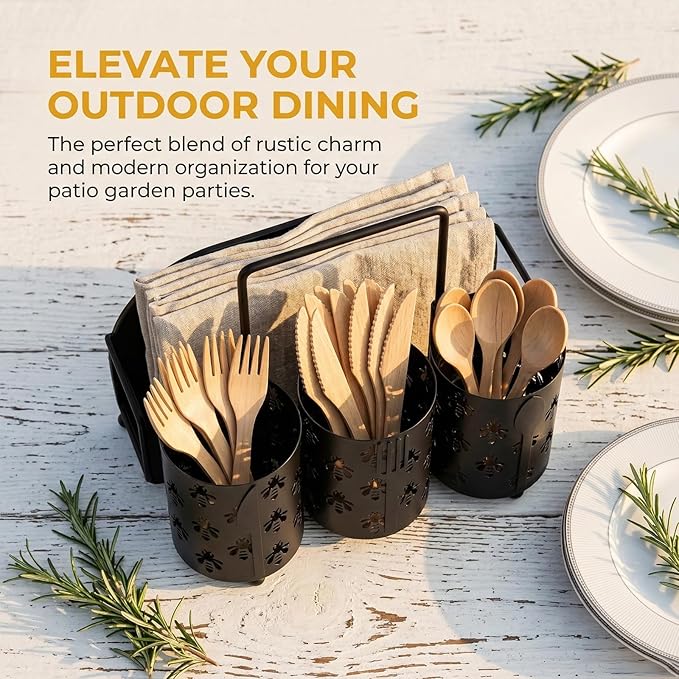 NelyBet Bee Utensil Caddy Silverware Holder Fork Spoon Napkin Paper Plate Organizer Metal Utensil Holder Cutlery Flatware Organizers for Party Kitchen Countertop Camping Picnic - Black