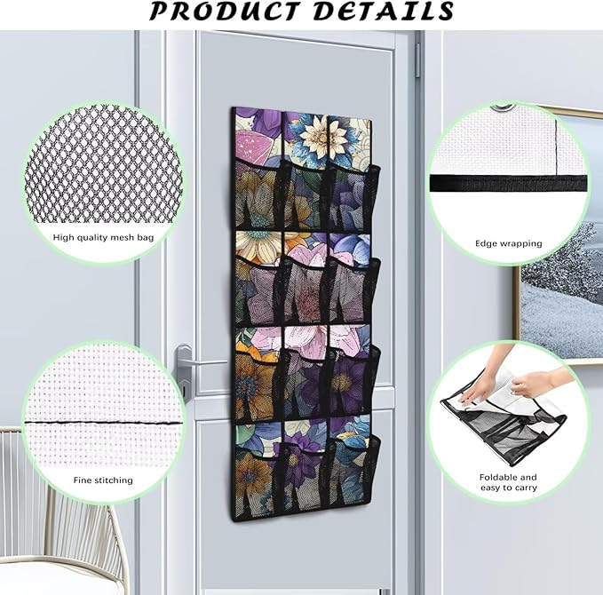 Door Storage Organizer, Blooming Flowers Lightweight Over the Door Shoe Organizer with 12 Large Mesh Pockets No Drill Easy to Install Hanging Rack for Shoes and Accessories