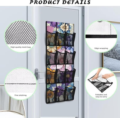 Door Storage Organizer, Blooming Flowers Lightweight Over the Door Shoe Organizer with 12 Large Mesh Pockets No Drill Easy to Install Hanging Rack for Shoes and Accessories