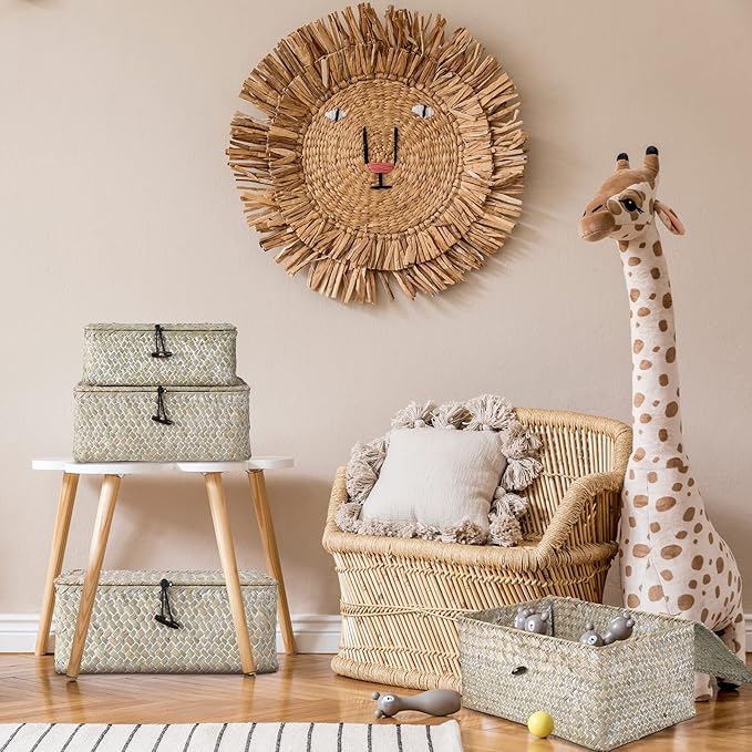 Woanger Set of 4 Wicker Baskets with Lids, Nautral Seagrass Storage Baskets, Woven Rectangular Basket Bins, Rattan Storage Organizer for Shelf Closet Bedroom(White)