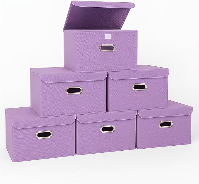 STOREONE Fabric Storage Cube Bins Foldable Organizer Container Collapsible Basket with Lids and Metal Handles, for Home, Bedroom, Closet 6 Pcs (multicolour-purple)