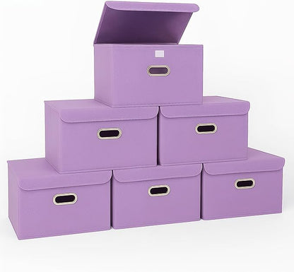 STOREONE Fabric Storage Cube Bins Foldable Organizer Container Collapsible Basket with Lids and Metal Handles, for Home, Bedroom, Closet 6 Pcs (multicolour-purple)