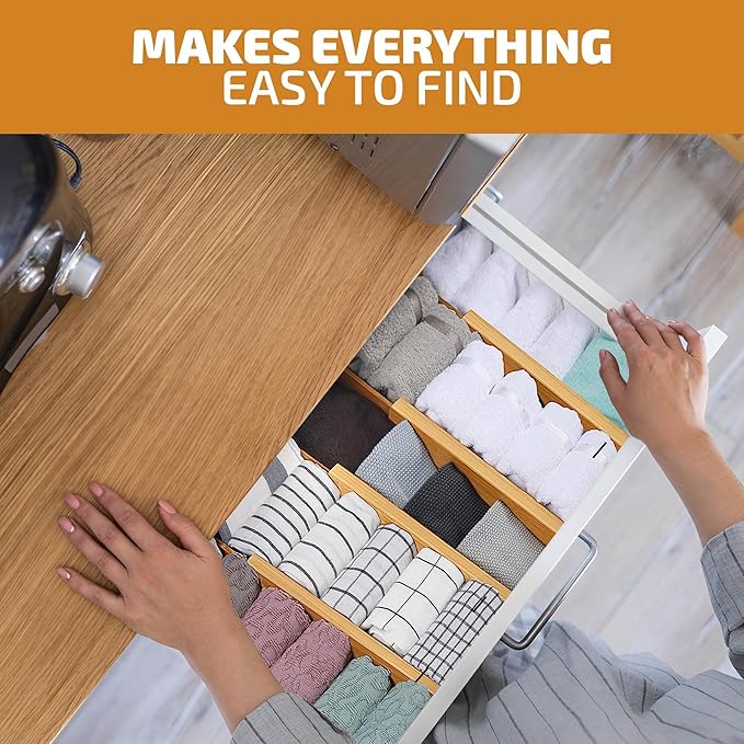 6-Pack Drawer Dividers - 2.6 Inches High, Adjustable 16 to 22 Inches Bamboo Drawer Organizer, Large Expandable Separator for Clothes, Dresser, Bedroom, Bathroom, Baby, Office, Kitchen Utensil Storage
