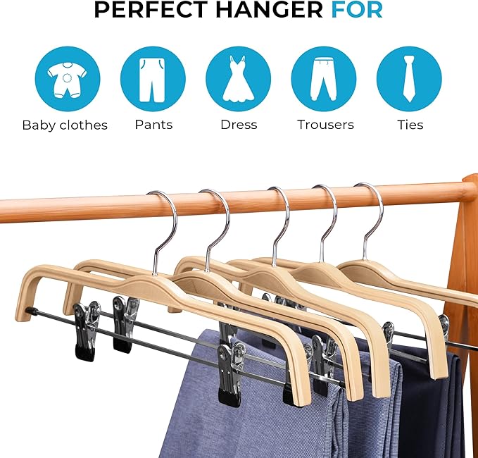 JS Hanger Wooden Pant Hangers, 5-Pack Light Weight Wood Skirt Hangers with Anti-Rust Hook and 2-Adjustable Clips