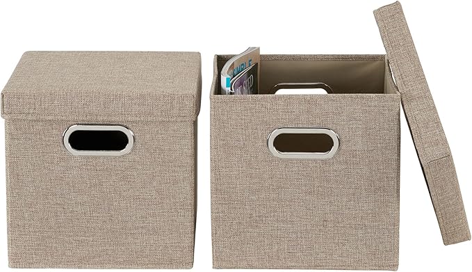 Household Essentials 802-1 Café Cube Bin Storage Set with Lids and Handles | 2 Pack, Brown Linen