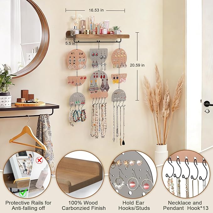 Keebofly Wall Mounted Jewelry Organizer, Boho Hanging Earring Holder with Wood Shelf & Necklace Hooks, Acrylic Pegboard Earring Display Rack for 100+ Pairs Studs, Hoops & Dangles, Decorative Storage