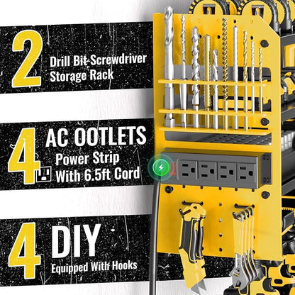 Power Tool Organizer Wall Mount with Charging Station,4 Layer Heavy Duty Metal Storage Rack with 8 Cordless Drill Holder,Battery Utility Rack Gift for Garage workshops Room(Yellow)