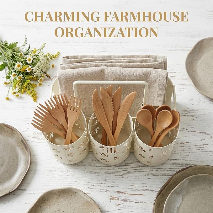 NelyBet Bee Utensil Caddy Silverware Holder Fork Spoon Napkin Paper Plate Organizer Metal Cutlery Flatware Organizer for Party Kitchen Countertop Camping Picnic - Cream White