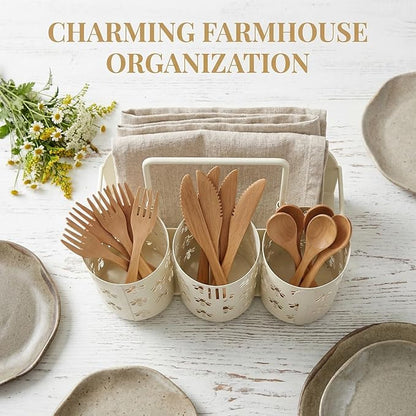 NelyBet Bee Utensil Caddy Silverware Holder Fork Spoon Napkin Paper Plate Organizer Metal Cutlery Flatware Organizer for Party Kitchen Countertop Camping Picnic - Cream White
