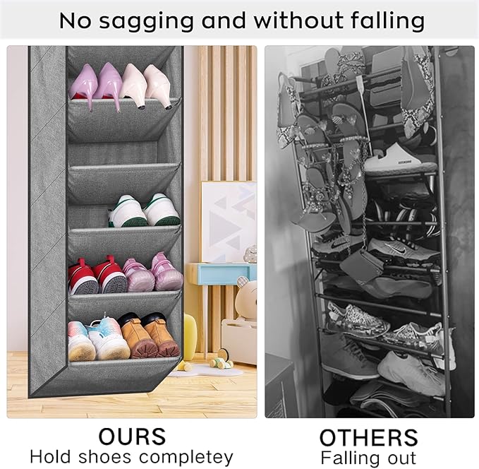 SLEEPING LAMB Shoe Rack for Door with Large Deep Pocket, Over The Door Shoe Organizer for Closet, Dorm and Narrow Hanging Sneaker Storage Holder, Grey