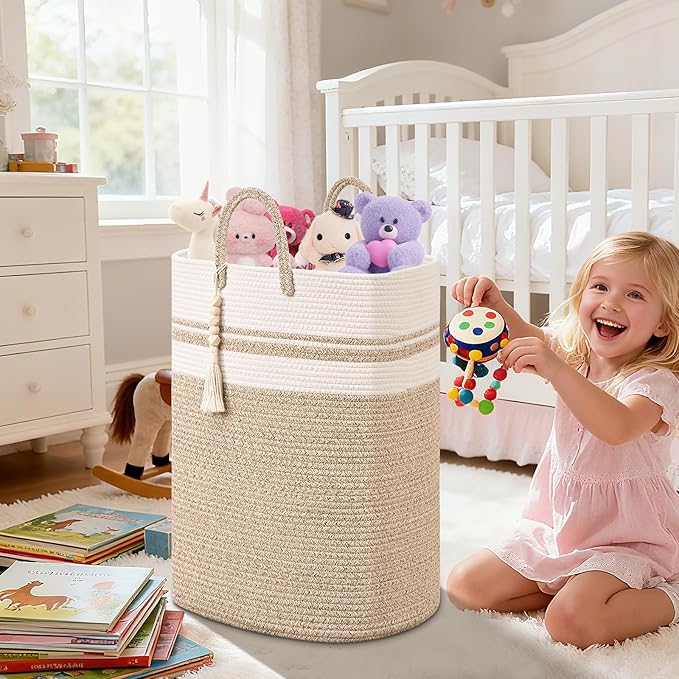 Woven Laundry Basket for Clothes, 50 L Large Rectangle Laundry Hampers with Beads Tassel, Nursery Storage Basket for Toys, Tall Dirty Clothes Hamper for Bedroom Aesthetic, Laundry Room Organization