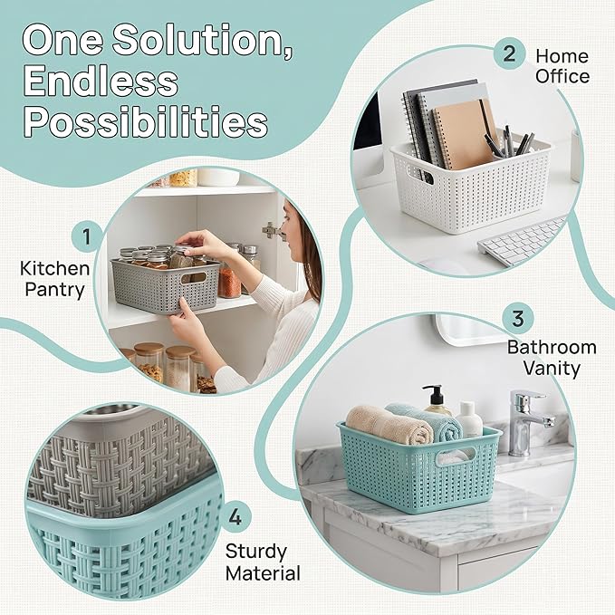 WUWEOT 9 Pack Plastic Storage Basket Bins Organizer, Cabinet and Shelf Basket with Handle,10" L x 6.8" W x 5.5" H, 3 Colors