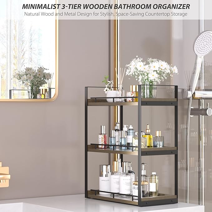 Bathroom Counter Organizer, 3 Tier Wood Countertop Shelf for Vanity, Skincare, Makeup, Kitchen Coffee and Sink Storage, with Durable Metal Bracket (Deep Brown)