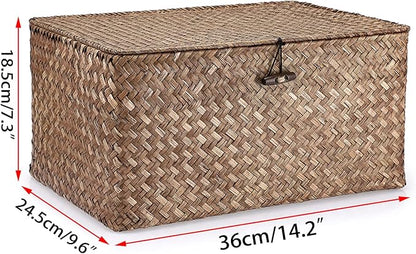 Hipiwe Wicker Shelf Baskets Bin with Lid, Handwoven Seagrass Basket Storage Bins Rectangular Household Basket Boxes for Shelf Wardrobe Home Organizer, Coffee Large