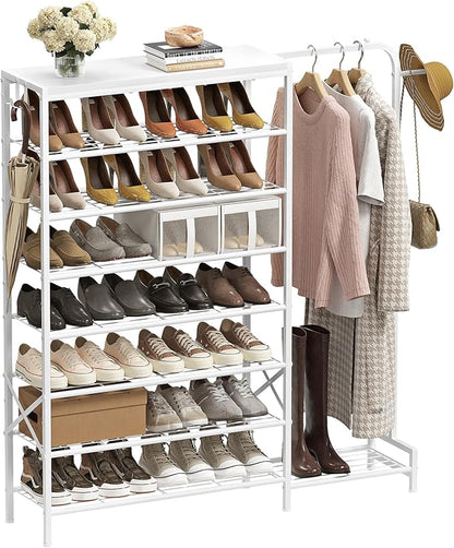 Shoe Rack with Coat Rack, 8 Tier Tall Shoe Storage Organizer with Hooks, 3-in-1, Wooden Top Shelf, Sturdy Frame, Metal Clothes Hanger Stand for Entryway, Closet, White