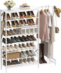 Shoe Rack with Coat Rack, 8 Tier Tall Shoe Storage Organizer with Hooks, 3-in-1, Wooden Top Shelf, Sturdy Frame, Metal Clothes Hanger Stand for Entryway, Closet, White