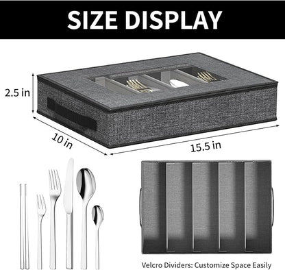 Aokeyee 2-Pack Silverware Storage Box, Sturdy Flatware Organizer with 5 Compartments & Adjustable Dividers, Utensil Case with Clear Lid & Handle for Knives, Forks & Spoons, Gray