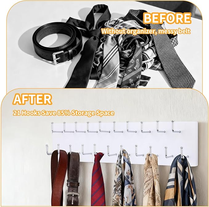 Belt Organizer Holder Wooden Belt Hanger for Closet Wall Mount Belt Storage Rack Tie Bra Scarf Hanger Holds Over 40 Large Belts (White)