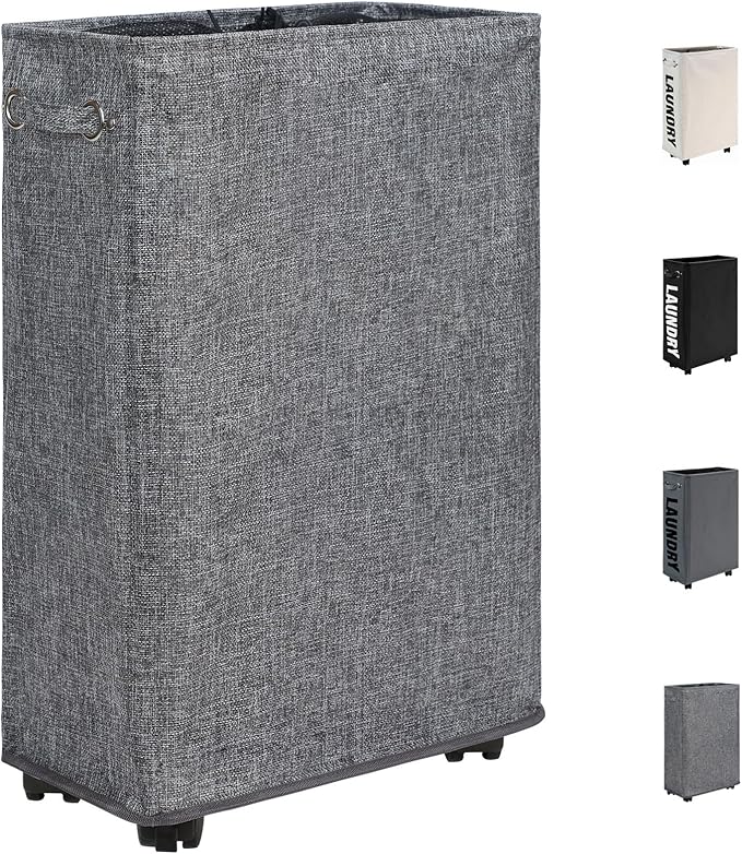 DOKEHOM 25-Inches Slim Laundry Basket on Wheels, Collapsible Rolling Laundry Hamper, Foldable Narrow Corner Clothes Storage Bins (Linen Grey)