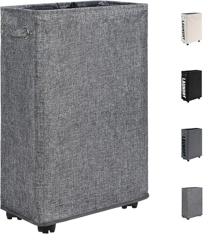 DOKEHOM 25-Inches Slim Laundry Basket on Wheels, Collapsible Rolling Laundry Hamper, Foldable Narrow Corner Clothes Storage Bins (Linen Grey)